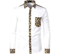WAIDFU Camicia da uomo slim fit da uomo con stampa leopardata a blocchi di colore e colletto alla coreana con bottoni sul davanti, bianco, L