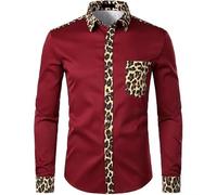 WAIDFU Camicia da uomo slim fit da uomo con stampa leopardata a blocchi di colore e colletto alla coreana con bottoni sul davanti, Rosso vinaccia, L