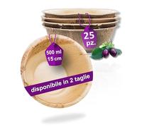 Waipur Ciotole in Foglia di Palma Ecologici - 25 Pz 15 cm / 500 ml - Stoviglie usa e getta Compostabili di Alta Qualità - Eleganti e Resistenti - Simile al Bambu - Ideale per Feste
