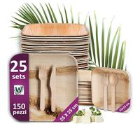 Waipur Set Piatti in Foglia di Palma e Posate in Legno - 25 Grandi, 25 Dessert, 50 Forchette, 25 Coltelli, 25 Cucchiai - Stoviglie usa e getta Biodegradabili Eleganti - Compostabili - Como Bamboo