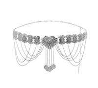 Waist Chain Ethnic Vintage Metal Belly Chains for Women Dancing Dress Belt Waist Chain Coin Long Tassel Woman(Silver)