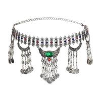 Waist Chain Metal Hippie Boho Flower Turkish Bohemian Shiny Dress Belt Belly Dance Waist Chain Coins Sexy Body Woman(Green)