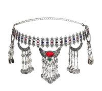 Waist Chain Metal Hippie Boho Flower Turkish Bohemian Shiny Dress Belt Belly Dance Waist Chain Coins Sexy Body Woman(Red)