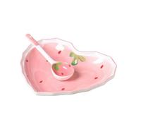 WAIT FLY Set di stoviglie in ceramica a forma di cuore - Graziose stoviglie a forma di fragola con piatto da dessert, insalatiera, antipasto e cucchiaio - rosa