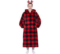 Waitu Coperta e felpa indossabile con cappuccio, per adulti e bambini, uomini e donne, super calda e comoda, coperta gigante con cappuccio, coperta in flanella con maniche e tasca gigante, motivo: quadretti rossi e neri