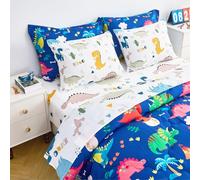 Wajade Set di biancheria da letto per bambini, con piumino, set di 7 pezzi, motivo dinosauri blu 3D con stampa della giungla, copripiumino e federa