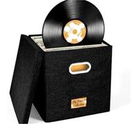 WAJJWI Cotton Linen Fabric Storage Box Foldable with Lid Home Vinyl Record Organizing per Dischi(Black)