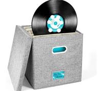 WAJJWI Cotton Linen Fabric Storage Box Foldable with Lid Home Vinyl Record Organizing per Dischi(Gray)