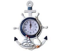 Wakauto, orologio da parete in legno marittimo, con ancora e stella, stile vintage, stile rustico, marino nautico, decorazione da parete con timone, camera da letto, decorazione da parete