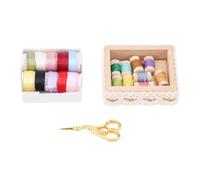 Wakects Kit da Cucito in Miniatura Accessori per Casa delle Bambole in Scala 1:12 con Bobine di Filo di Cotone e Legno Composito Forbici Scatola di Nastri per Diorama Shadow Box Modello Room Decor