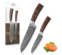 Wakoli EDIB Damasco - Set di 2 coltelli professionali Santoku in acciaio damasco a 67 strati con nucleo VG10 I, set di coltelli da cucina con manici in legno pakkawood, in confezione regalo