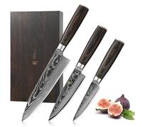 Wakoli EDIB Essentials, set di 3 coltelli da chef, coltello da chef, coltello da chef e coltello per verdure, coltello multiuso in acciaio damasco VG10, nucleo 60±1 HRC, protezione per le dita, set di