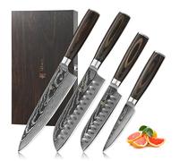 Wakoli EDIB Essentials, set di coltelli da cucina affilati damascato, coltello da chef, coltello Santoku e verdura - Coltello da cucina in acciaio damascato VG10, nucleo 60±1 HRC, manico in legno di