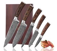 Wakoli EDIB Set di coltelli in acciaio damasco da 5 pezzi in confezione regalo di legno I Set di coltelli da cucina affilati in vero acciaio damasco a 67 strati con manico ergonomico in Pakkawood
