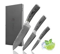 Wakoli EDIS Set coltelli da cucina professionali, 3 pezzi, acciaio Damasco | 67 strati con nucleo VG10, 60±2 HRC, affilatura a V 15° per lato, lame da 8 a 17 cm, manici in Pakkawood grigio, box in legno