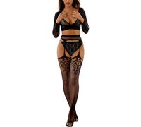 Walang Reggiseno sexy da donna, 3 pezzi, top + reggicalze + perizoma bodystocking, set di lingerie per feste, Nero , XS-XXL