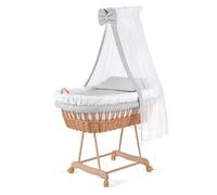 WALDIN Culla con cappotta,Culla con ruote XXL,IN 8 VARIANTI,telaio/ruote naturali non trattati,colore tessile bianco/punti bianco