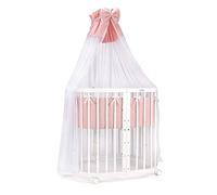 Waldin Lettino in Legno 7in1, Materasso, Lettino Bambini Espandibile, Ventilato, Base Regolabile in 5 Posizioni, Set Tutto Completto, Bianco, Tissuti Salmone