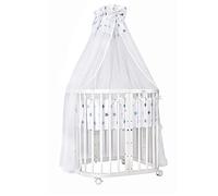 Waldin Lettino in Legno 7in1, Materasso, Lettino Bambini Espandibile, Ventilato, Base Regolabile in 5 Posizioni, Set Tutto Completto, Bianco, Tissuti Stelle Blu