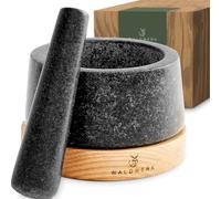 WALDWERK Mortaio con pestello (diametro 12 cm) - Mortaio su una base elegante e stabile in legno di acacia - Mortaio con pestello in granito naturale