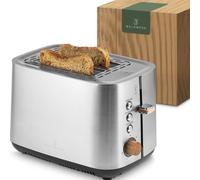 WALDWERK Tostapane di Design - in acciaio inox 304 e legno di quercia - per 2 fette - con supporto per panini - con camere di tostatura extra larghe e profonde - con cassetto raccogli-briciole