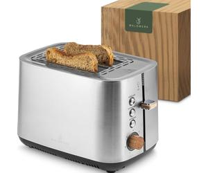WALDWERK Tostapane di Design - in acciaio inox 304 e legno di quercia - per 2 fette - con supporto per panini - con camere di tostatura extra larghe e profonde - con cassetto raccogli-briciole