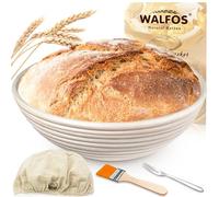 Walfos Banneton Proofing Basket - Set di cestini da fermentazione, ø 25 cm, con 100% rattan naturale, forchetta per pane e rivestimento in lino, ideale per panettieri domestici e professionali