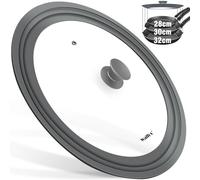 Walfos Coperchio universale Ø 32, 30 e 28 coperchi in vetro per pentole, padelle resistenti al calore con bordo in silicone graduato, grigio, coperchio per pentole e padelle