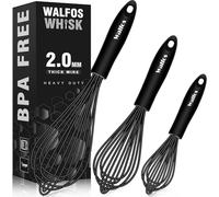 Walfos Frusta in silicone, set di 3 fruste da cucina resistenti al calore per pentole antiaderenti, frusta per uova con palloncino perfetto per miscelare, sbattere, schiumare e mescolare, nero