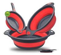 Walfos Scolapasta Pieghevole, Scolapasta con Manico Set di 3 pezzi da 20, 24 e 34 cm Cucina Pieghevole sopra Il Lavandino del Silicone Colander/Setacci, Lavabili in Lavastoviglie, Rosso