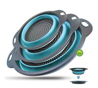 Walfos Scolapasta Pieghevole, Set 3 pezzi grande 25/29/34 CM Cucina Pieghevole sopra Il Lavandino del Silicone Colander/Setacci, Scolapasta SiliconeLavabili in Lavastoviglie, Blu