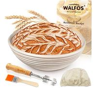 Walfos Set di cestini per la fermentazione rotonda per cuocere il pane, 23 cm, in rattan naturale, con coltello per il pane, spazzola per la pulizia e rivestimento in lino, ideale per cuocere il pane