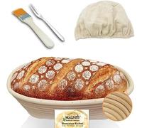 Walfos® Set di cestini per lievitazione ovale, cottura del pane, con rattan naturale, pennello, forchetta e rivestimento in lino, ideale per casa e professionisti