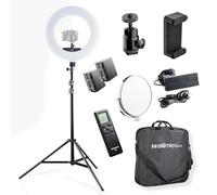 Walimex pro Medow 960 Pro Set di luci anulari a LED con treppiede e batterie NP-F, luce anulare bicolore, luce video dimmerabile con telecomando 96 W, treppiede per lampada con ammortizzazione a molla