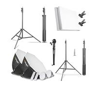 Walimex Pro Set per studio fotografico di alta qualità, con 2 treppiedi con 2 LED da 45 W, Octagon Ø 65 cm, Bi Color e sistema di sfondo telescopico completo, 120-307 cm, con sfondo in tessuto, bianco
