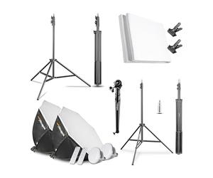 Walimex Pro Set per studio fotografico di alta qualità, con 2 treppiedi con 2 LED da 45 W, Octagon Ø 65 cm, Bi Color e sistema di sfondo telescopico completo, 120-307 cm, con sfondo in tessuto, bianco