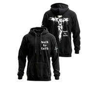 Walk By Faith - Felpa con cappuccio da uomo Walk By Faith, con stampa a croce e Gesù Cristo, Nero , 4XL