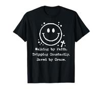 Walking by Faith Christian Retro Happy Face Grace Citazione Maglietta