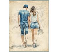 Walking Together Sketchbook Journal: Vintage Aesthetic Lined Composition Notebook - 8.5 x 11 Inch 130 Pages - Large College Ruled Diary for Couples, Travelers, and Soulmates - Hand-Drawn Style Cover