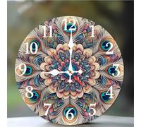 Wall Clock 12Inch, Arabic Numeral Round wall Hanging clock with Ultra-Quiet Movement Quartz, Battery Operated Silent wall clocks for Bedroom Office Living Room Classroom(Peacock Feathers Pattern)