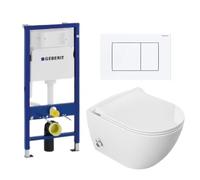 Wall-Hung WC con bidet e miscelatore integrato (caldo / freddo), telaio base Duofix, sedile sottile morbido e pulsante a flusso bianco - Set completo da bagno