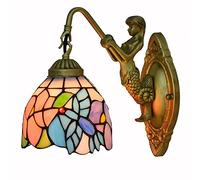 Wall Light, Wall Lamp, 6 inch Wall Lamp, Stained Glass Floral Lampshade Wall Sconce with Mermaid Lamp Arm Bedroom Living Room Hotel Hallway Stairs Decorative, D