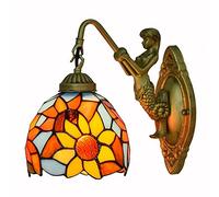 Wall Light, Wall Lamp, 6 inch Wall Lamp, Stained Glass Floral Lampshade Wall Sconce with Mermaid Lamp Arm Bedroom Living Room Hotel Hallway Stairs Decorative, B