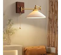 Wall Light, Wall Lamp, Brass Swinging Arm Wall Lamp Pleated Glass Pull Chain Wall Sconces Reading Light Milk Glass Wood Wall Mounted Light for Bedroom Bedside Living Room Hotels