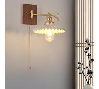 Wall Light, Wall Lamp, Brass Swinging Arm Wall Lamp Pleated Glass Pull Chain Wall Sconces Reading Light Milk Glass Wood Wall Mounted Light for Bedroom Bedside Living Room Hotels