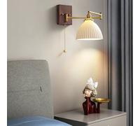 Wall Light, Wall Lamp, Brass Swinging Arm Wall Lamp Pleated Glass Pull Chain Wall Sconces Reading Light Milk Glass Wood Wall Mounted Light for Bedroom Bedside Living Room Hotels