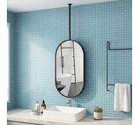 Wall Mirror with Ceiling Hanging Rod Suspended Bathroom Vanity Mirrors | Gold Oval Metal Ceiling Mounted Mirror, Customizable Hanging Pole Length(Black,16"*28")