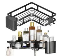 Wall Mounted Triangular Shelf - No Drilling Bathroom Storage Rack | Adhesive Corner Shelf | 15kg Load Capacity Bathroom Wall Shelfs with Toothpaste Holder and Hook Waterproof Toiletry Organizer