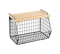 Wall Mounted Wire Basket, Stackable Under Sink Storage Bin, Iron Organizer with Wood Lid Box, Kitchen Produce Storage Basket, Multi Layer Food Organizer, Home Use for Fruits Vegetables Bread