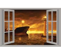 WALL STICKERS ADESIVI MURALI Faro Barca mare Trompe L'oeil finestra vista